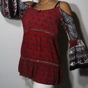 Patrons of Peace Women's Cold Shoulder Blouse Red and Blue Floral Size Medium